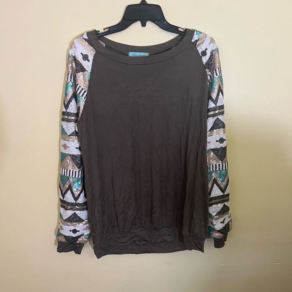 Filly Flair Green Graphic Sweatshirt with Relaxed Fit Sequin Sleeves Size Large